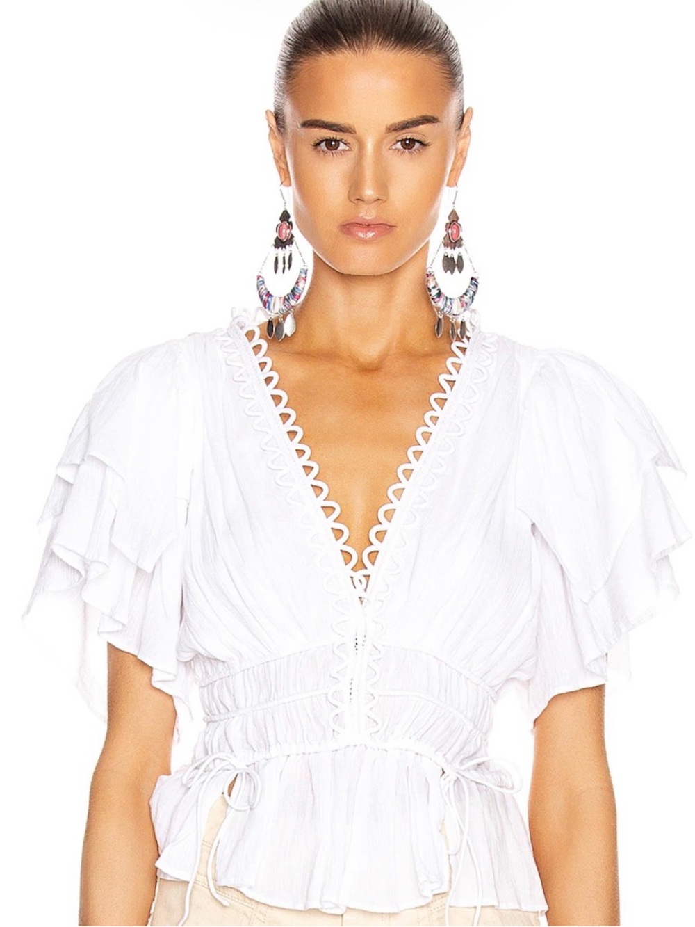 Isabel Marant Yemila Top Shirt Embroidered Ruched Cotton Flutter Sleeve Sz XS